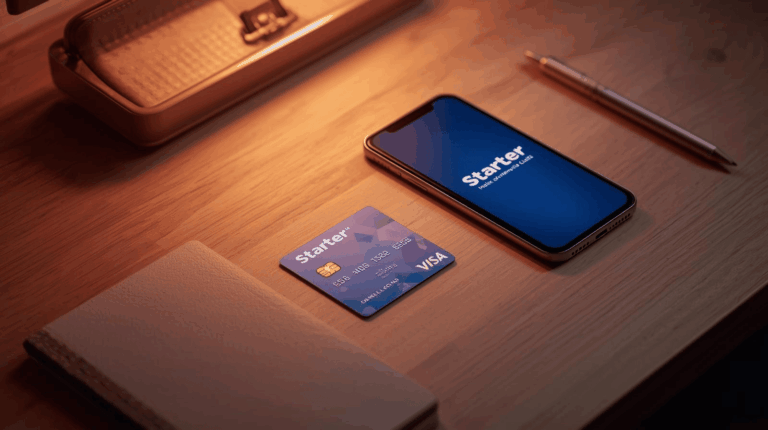 ilustrasi kartu kredit pemula di meja kerja minimalis