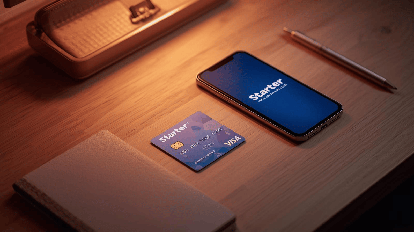 ilustrasi kartu kredit pemula di meja kerja minimalis