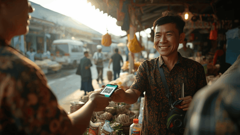 Pedagang UMKM menerima pembayaran dompet digital di pasar tradisional