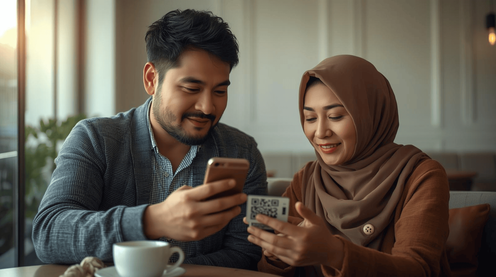 Pembayaran digital menggunakan QR code di kafe modern Indonesia