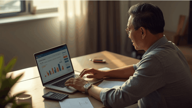 Pria Indonesia menghitung simulasi kredit dan cicilan pinjaman di rumah