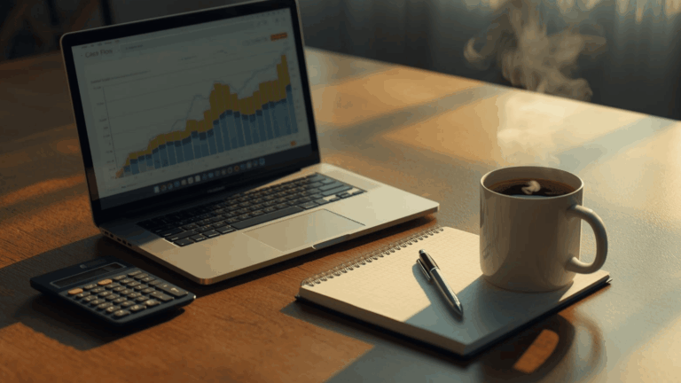 Meja kerja dengan laporan keuangan dan grafik investasi