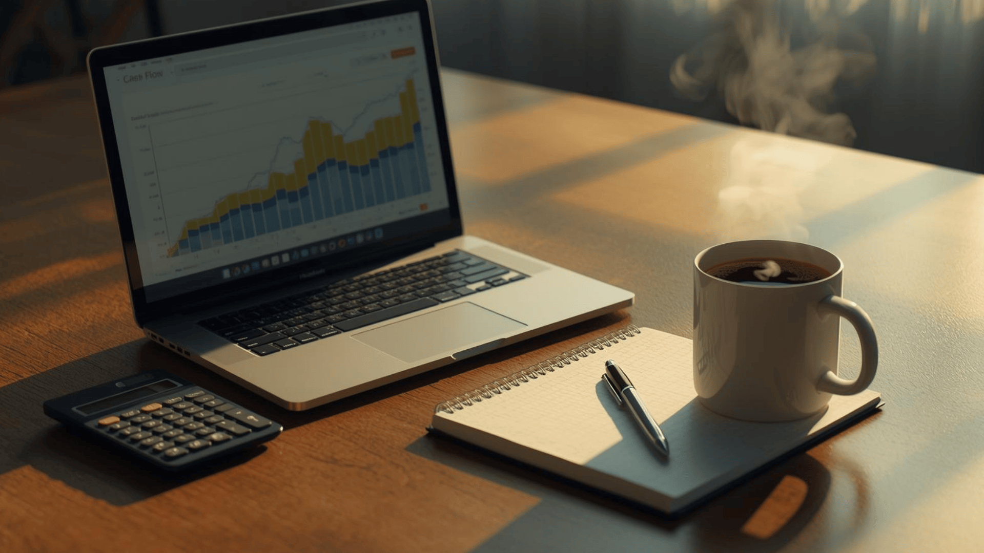 Meja kerja dengan laporan keuangan dan grafik investasi